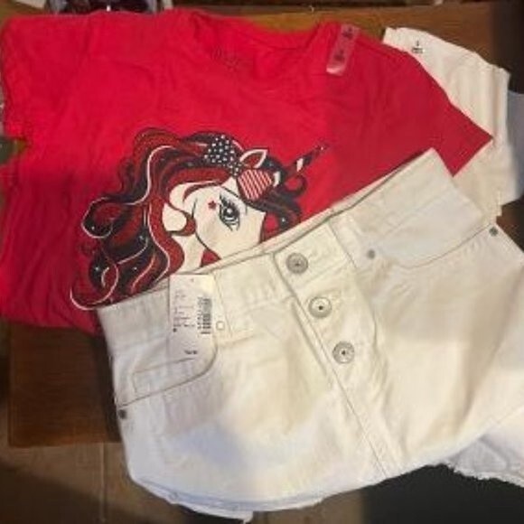 NWT GIRL'S SZ 6 2 UNICORN SHIRTS/ONE WHITE JEAN SKIRT OUTFIT THE CHILDRENS PLACE - Picture 1 of 7